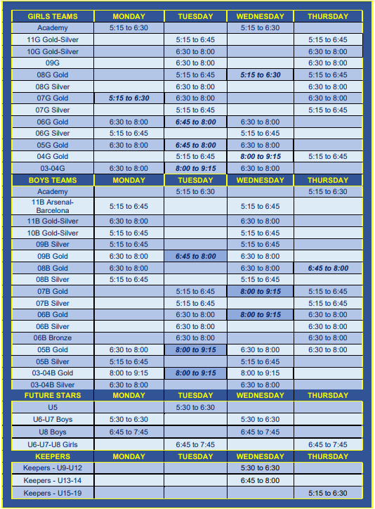 21 22 Training Schedule